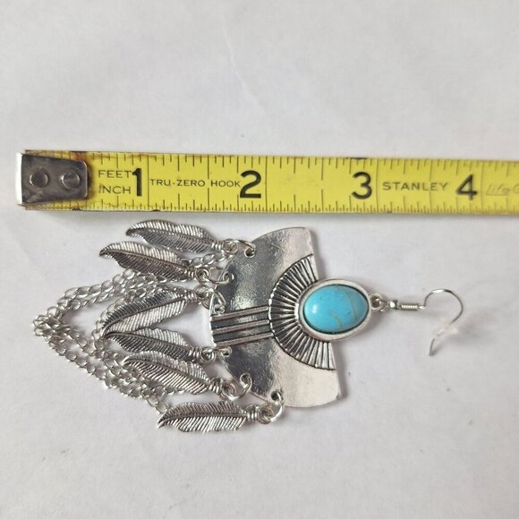 Vintage Turquoise Boho Silver Tone Feathers Tribal Chains Fan Earrings Jewelry - Picture 2 of 2